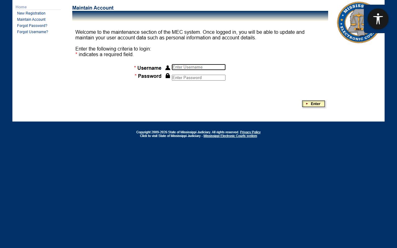 Leflore County court records MEC account login page