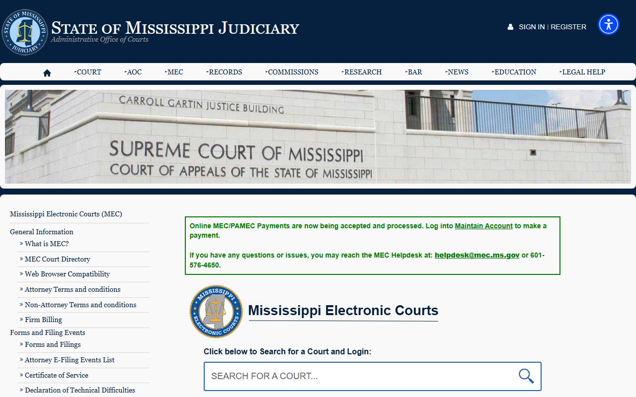 Leflore County court records Mississippi Electronic Courts system page