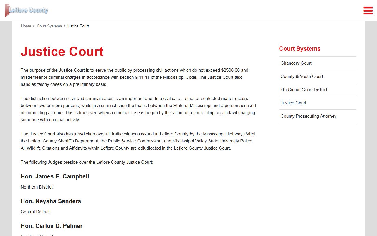 Leflore County Justice Court records and traffic citation page
