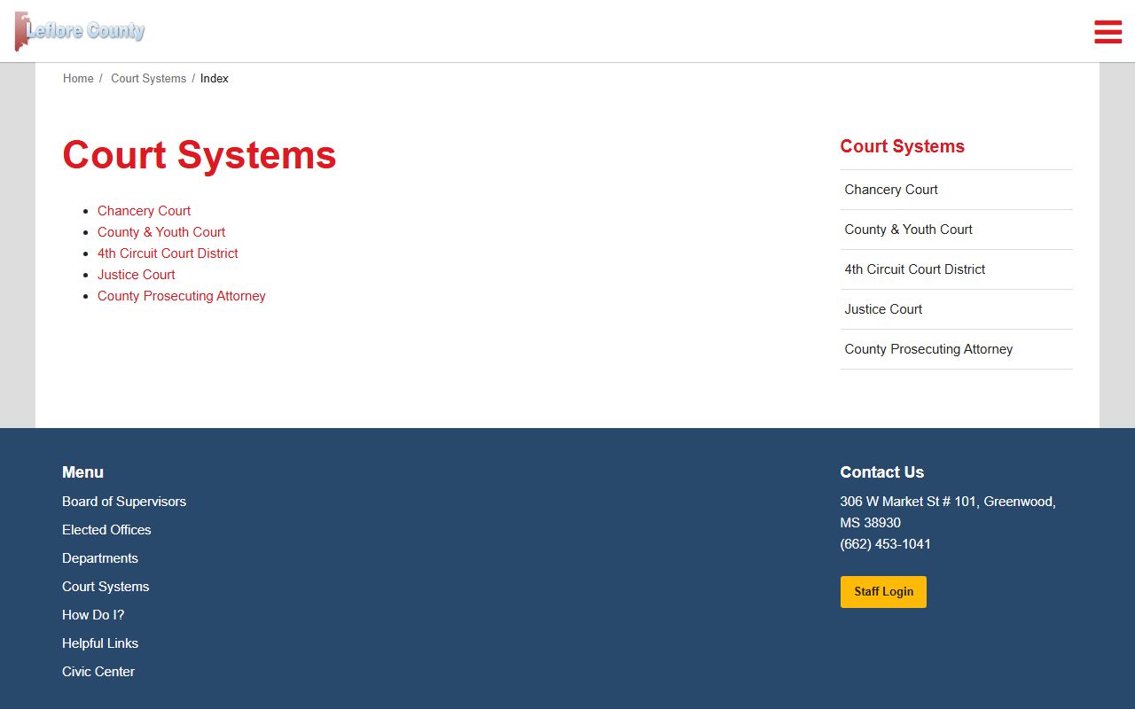 Leflore County court systems index listing each court