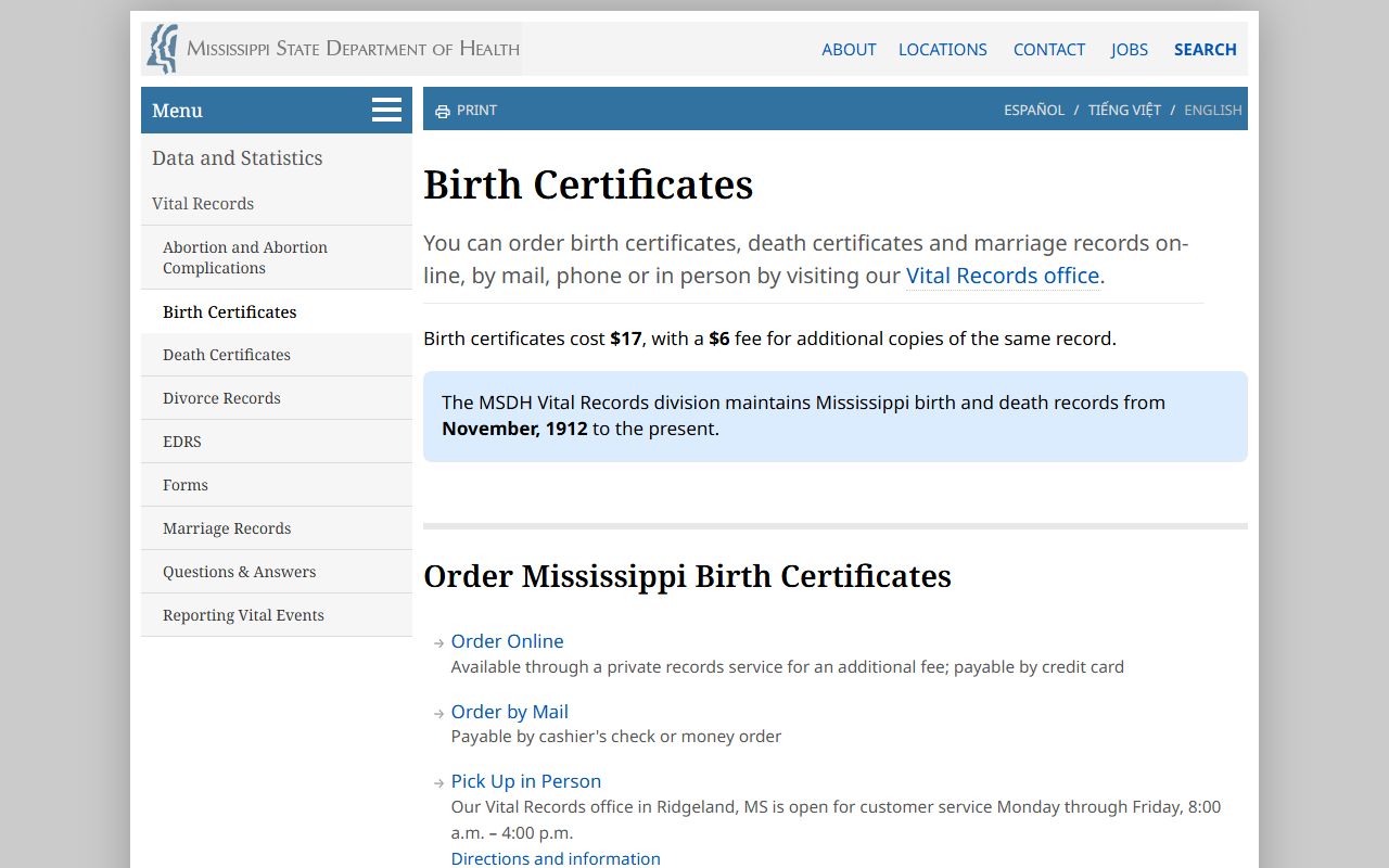 Leflore County marriage and divorce certified copy ordering from Mississippi vital records