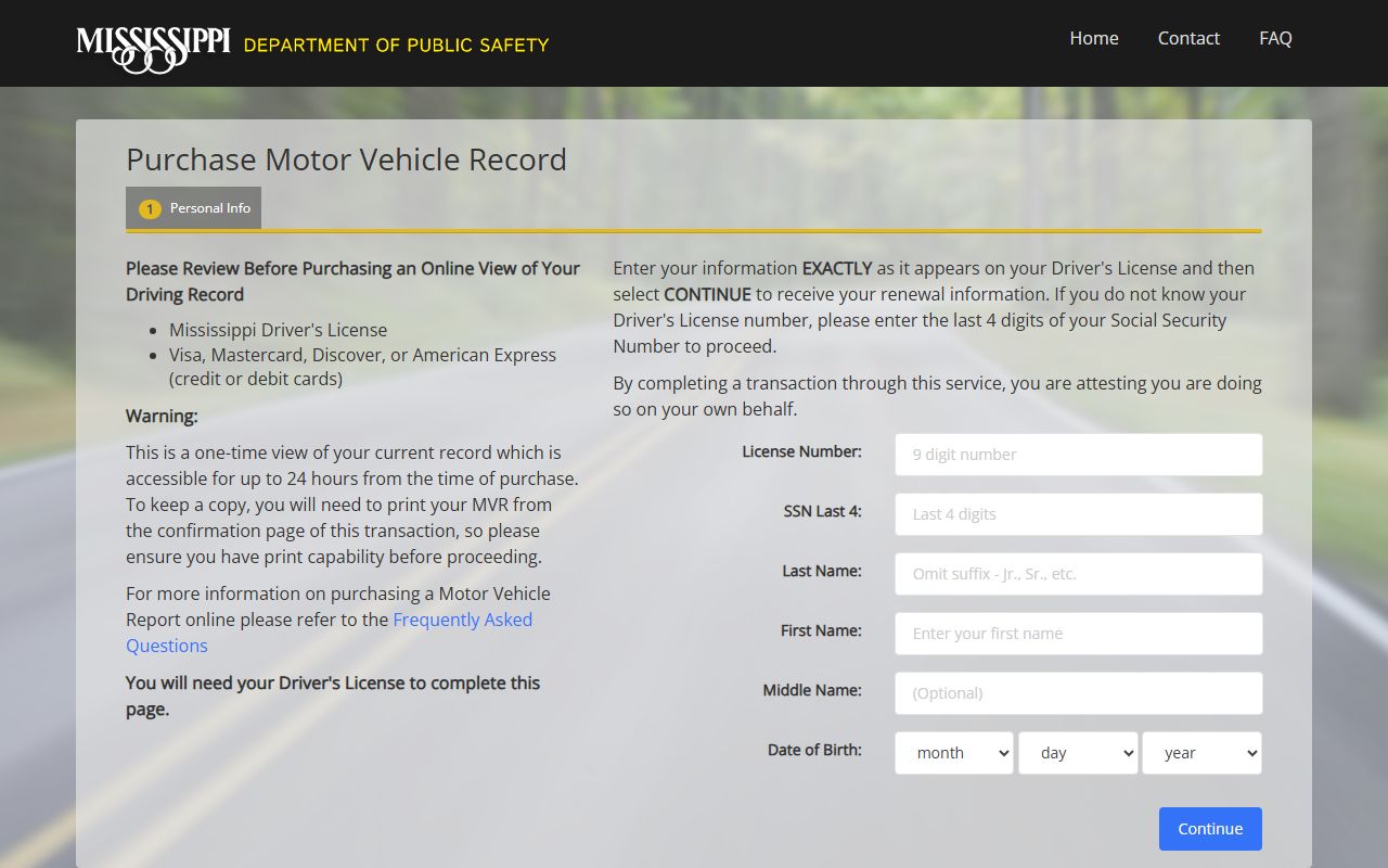 Leflore County traffic driver record online order form at ms.gov