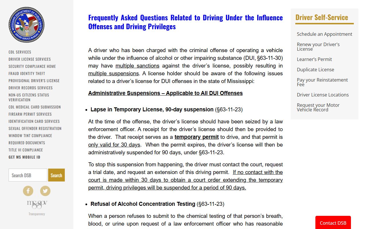Leflore County traffic DUI record information at the Mississippi DPS