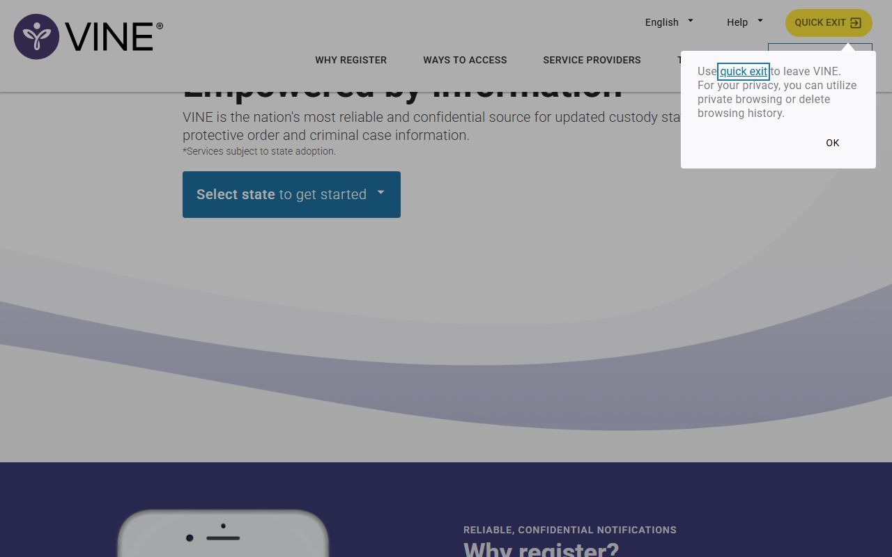 VINELink state selection page used to check custody status in a Leflore County warrant case